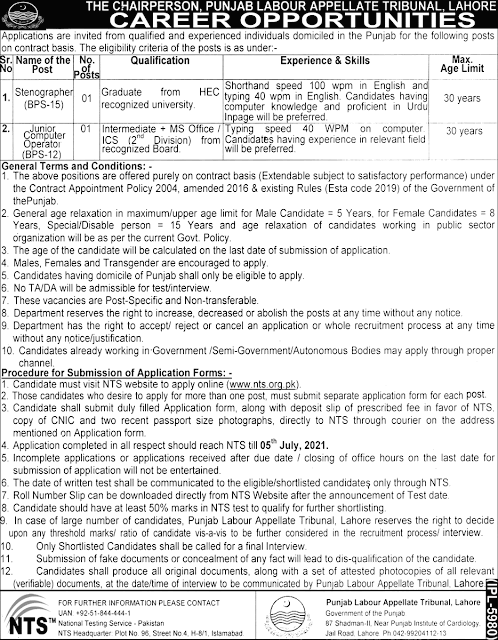 Punjab Labour Appellate Tribunal Lahore Jobs 2021 | NTS Jobs | ns job ads | nsjobads