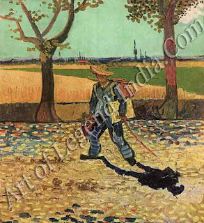 The Painter on his Way to Work 1888, Van Gogh sets out with his easel, canvas and paints to work in the blazing sunshine of southern France. He often completed a picture in a single day.