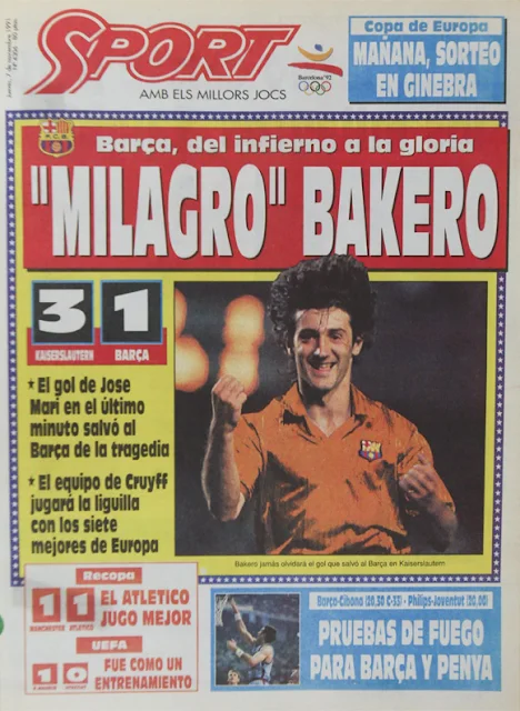 Diario Sport Barcelona Kaiserslautern 1991-92 Bakero