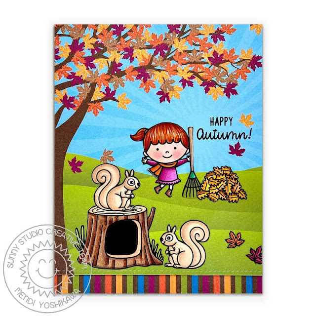 Sunny Studio Happy Autumn Girl Raking Fall Leaves Card (using Squirrel Friends & Fall Kiddos Stamps, Critter Country 6x6 Paper & Slimline Basic Border Dies)