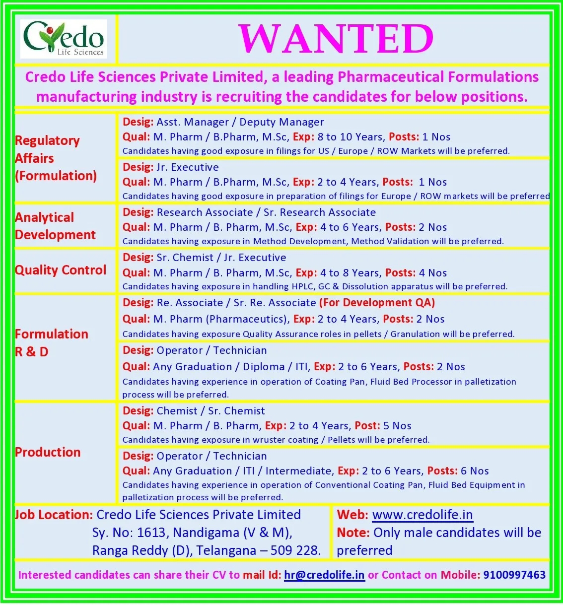 Job Availables,Credo Life Sciences Private Limited, a leading Pharmaceutical Formulations manufacturing industry is recruiting the candidates for multiple Position