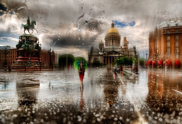 acrylic paintings of rainy cityscapes