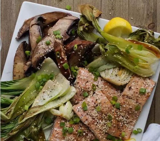 Sesame Salmon with Baby Bok Choy and Mushrooms