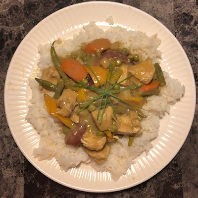 Thai green curry chicken and vegetable over jasmine rice