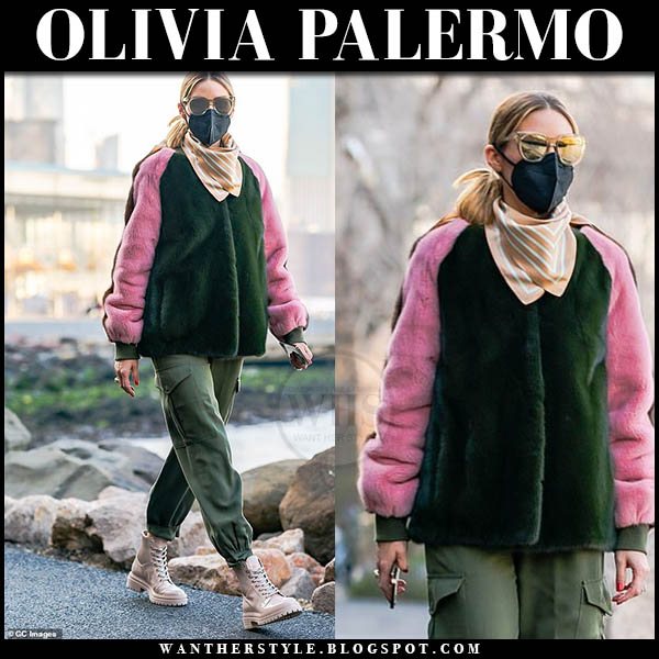 Olivia Palermo in pink and green fur jacket and beige ankle boots