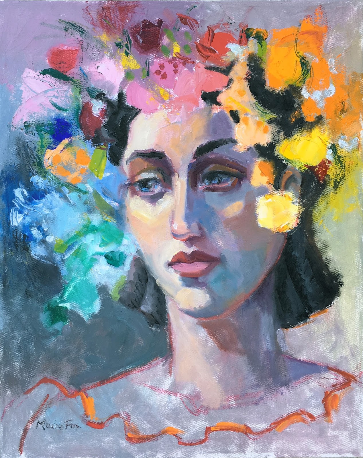 Woman wearing flowers figurative  oil painting female 