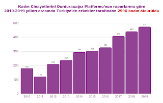 Kadın Cinayetlerini Durduracağız Platformu raporlarına göre Türkiye'de 2010-2020 yılları arasında toplam 2296 kadın cinayeti yaşanmıştır.