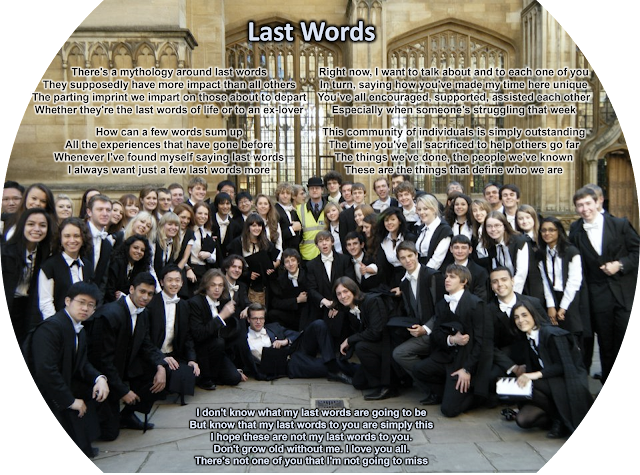 A picture of the Mansfield Matriculation class of 2011, with the words of the poem "Last Words" by Harry Mason overlain