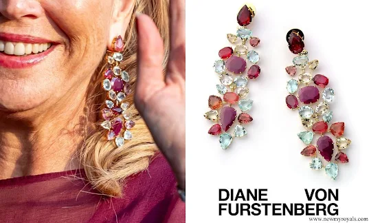 Queen Maxima is wearing Diane Von Furstenberg Harmony earring with ruby, pink tourmaline, citrine, beryl and diamonds by H.Stern collection