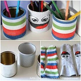 Encapar latas e vasos de plantas: Você pode facilmente fazer um cortando o pé de uma meia. A lata ou vaso de plantas pode ser decorada ou deixada apenas com o design divertido em sua meia.