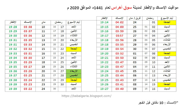 مواقيت الإمساك والإفطار رمضان  2020  سوق أهراس