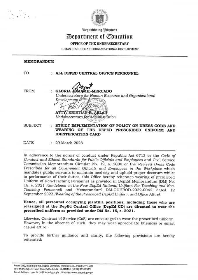 Strict Implementation of Policy on Dress Code and Wearing of the DepEd