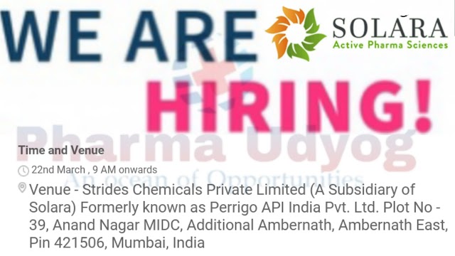 Strides Chemicals (Solara Group) | Walk-in interview Quality Control | 22 March 2019 | Ambernath