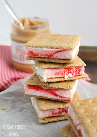 Two childhood favorites- peanut butter & jelly and ice cream sandwiches- come together in these easy to make 3 Ingredient PB&J Ice Cream Sandwiches.