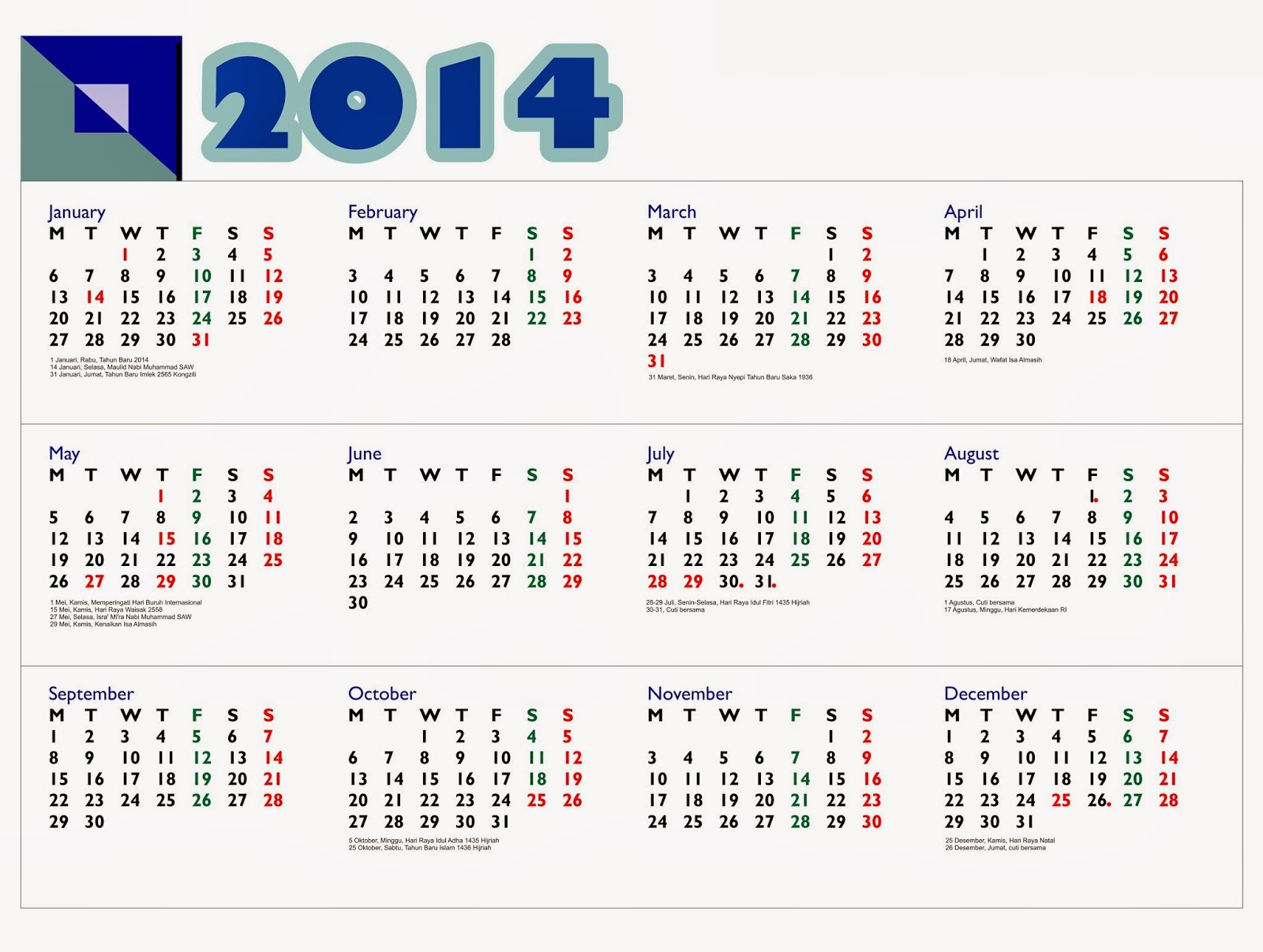 Kalender 2014 Lengkap Dengan Hari Libur Nasional Dan Cuti Bersama