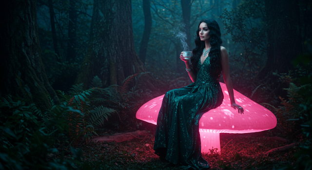 A woman in a shimmering green dress sits on a glowing pink mushroom in a mystical forest, holding a steaming cup, symbolizing the unique blend of coffee and functional mushrooms in Ryze.