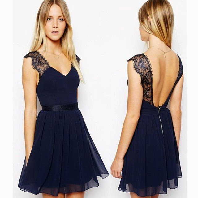 Blue silk lace flared mini dress with back zipper