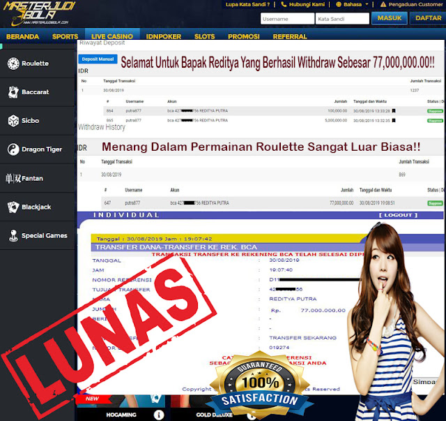 Bukti hasil withdraw seberapa 77,000,000.00 Bapak REDITYA PUTRA dalam permainan live casino Roulette