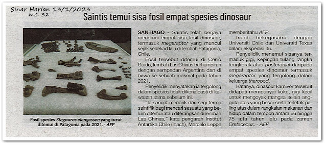 Saintis temui sisa fosil empat spesies dinosaur - Keratan akhbar Sinar Harian 13 Januari 2023