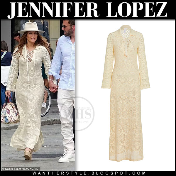 Jennifer Lopez in cream crochet maxi dress and hat