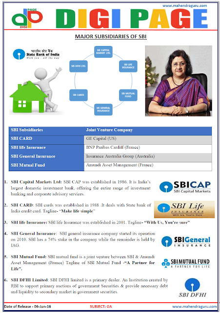 Digi Page - Major Subsidiaries of SBI