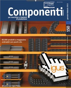 Componenti Industriali 150 - Gennaio & Febbraio 2013 | ISSN 1973-7262 | CBR 96 dpi | Bimestrale | Professionisti | Industria
Componenti Industriali. nasce nel 1995 come utile strumento di lavoro per Direttori Tecnici, system integrator, studi di engineering e progettisti: una pubblicazione in grado di offrire una panoramica a 360° sulla componentistica utilizzata nell’industria.
L’impronta è il più possibile pratica con un’ampia sezione dedicata alle applicazioni dei componenti, siano essi meccanici, oleodinamici, pneumatici o di automazione.
Gli articoli di taglio applicativo spaziano dai campi d’impiego tradizionali a quelli più innovativi: dalle energie rinnovabili, agli impianti asettici nei settori alimentare e farmaceutico, dal controllo delle macchine utensili ai sistemi di identificazione e diagnostica per le stesse, dalla gestione sempre più sofisticata delle macchine agricole e movimento terra ai processi di automazione intelligenti in settori chiave come l’automotive, il packaging e l’assemblaggio.