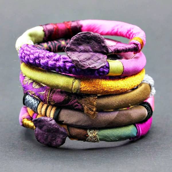 colorful textile and paper pulp coiled bracelet