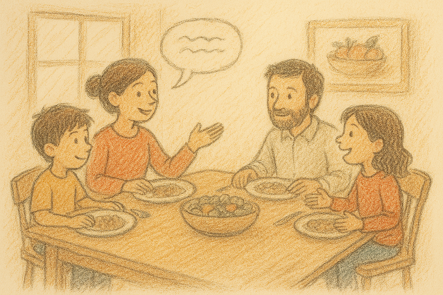 Familia utilizando estrategias de sugestopedia e a la hora de comer