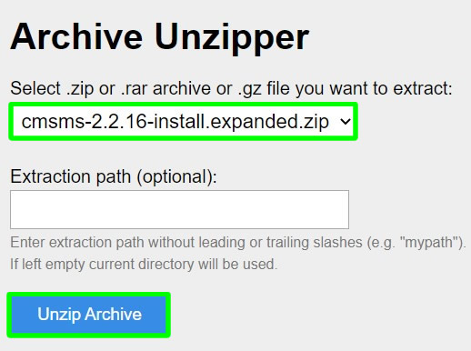 extracting cms zip file using unzipper.php