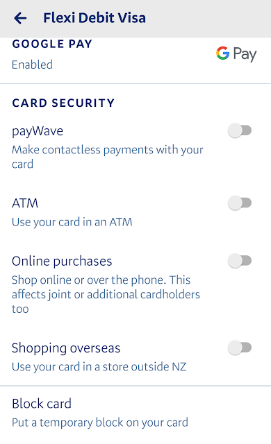 Screenshot of BNZ card options in their mobile app