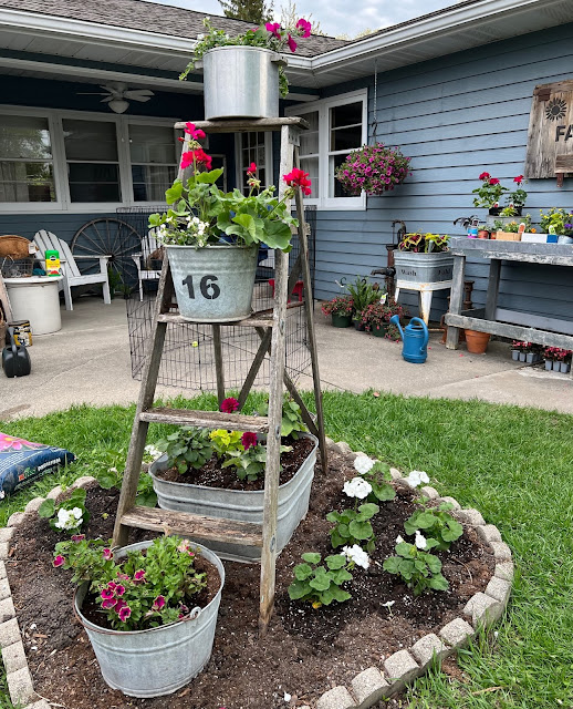 Photo of a small garden with stepladder vertical interest.