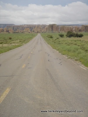 a lonely road on the vast Acoma Indian Reservation in Acoma, New Mexico