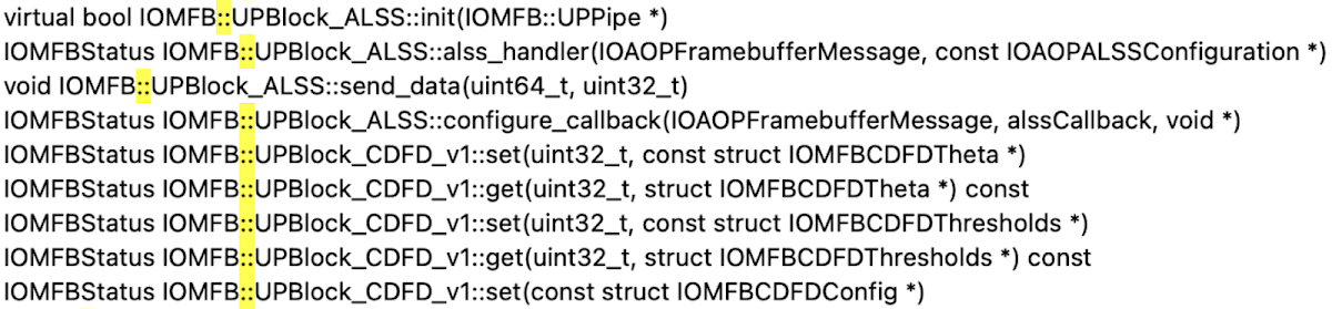 A short list of C++ prototypes like IOMFB::UPBlock_ALSS::initIOMFB::UPPipe *.