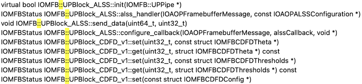 A short list of C++ prototypes like IOMFB::UPBlock_ALSS::init(IOMFB::UPPipe *).