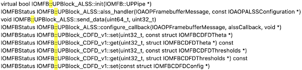 A short list of C++ prototypes like IOMFB::UPBlock_ALSS::init(IOMFB::UPPipe *).