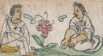 Illustration of two Aztec homosexual men talking, with a flower between them, Florentine Codex, Gay México
