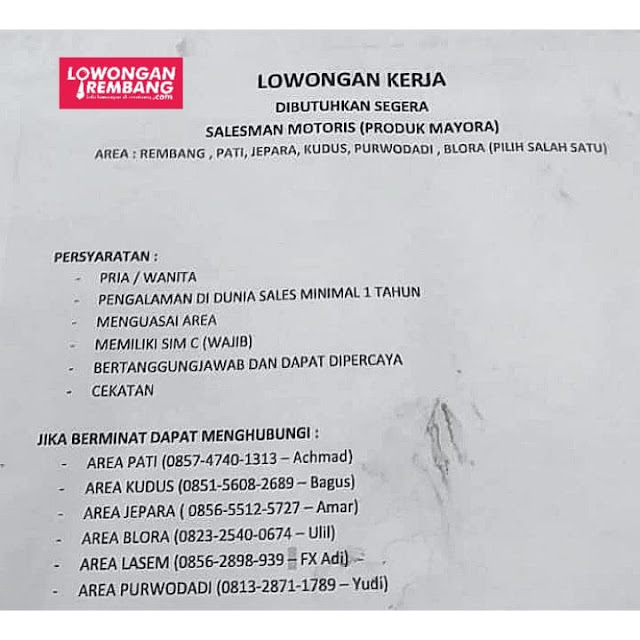 Lowongan Kerja Pegawai Sales Motoris Duta Jaya Distribusi (Subdist Mayora) Area Rembang