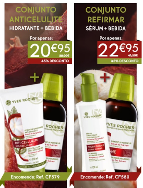 Imagens com dois packs promocionais de lançamento dos novos produtos anticelulite e adelgaçante com extrato de mangostão, Catálogo nº 05/2017 de Yves Rocher Portugal