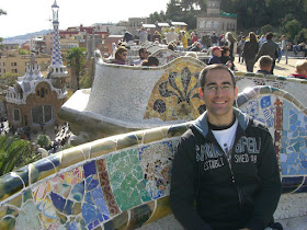 Multi-coloured tiled mosaic seats in Park Güell