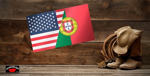 Bandeira metade portuguesa e metade norte-americana. Ao lado um par de botas de cowboy.