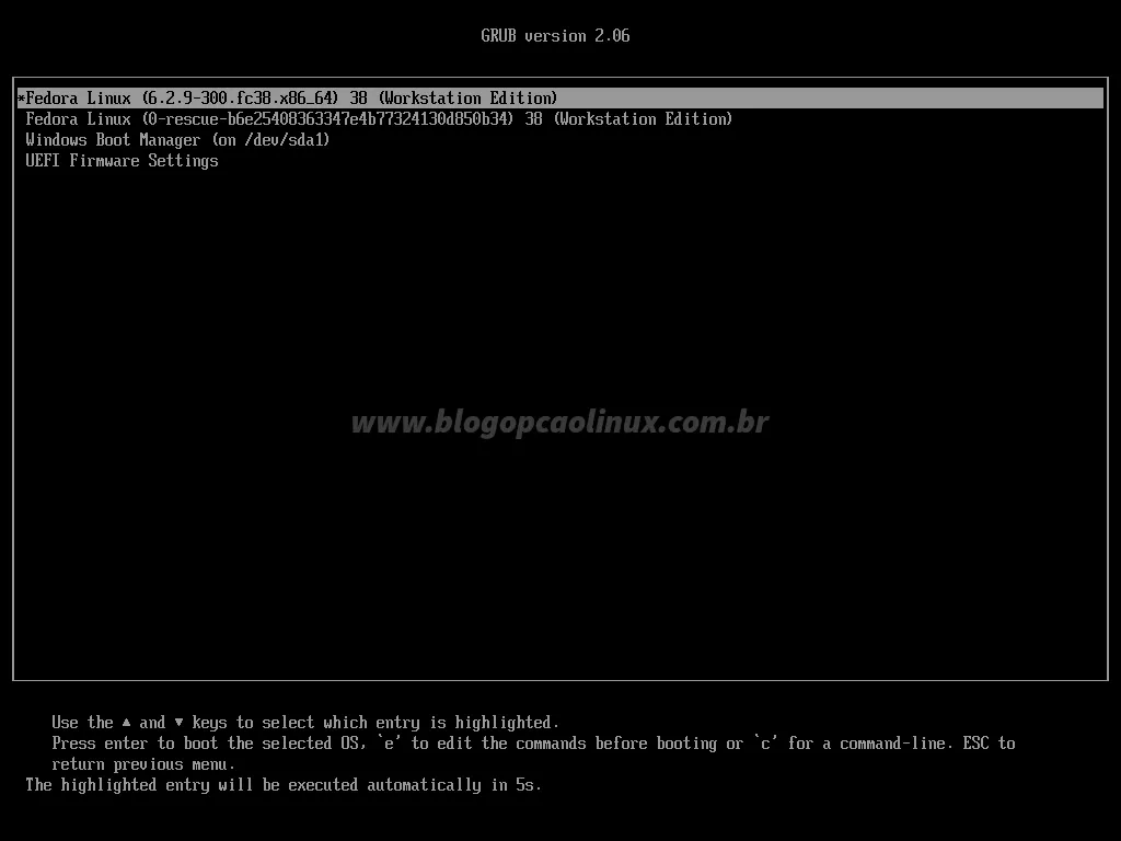 Tela do GRUB exibindo o Fedora 38 recém-instalado e o Windows