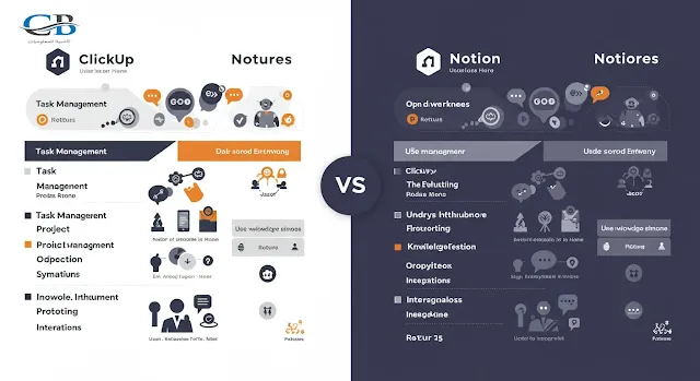 شعار ClickUp وشعار Notion يتواجهان في مقارنة شاملة لأدوات إدارة العمل والإنتاجية
