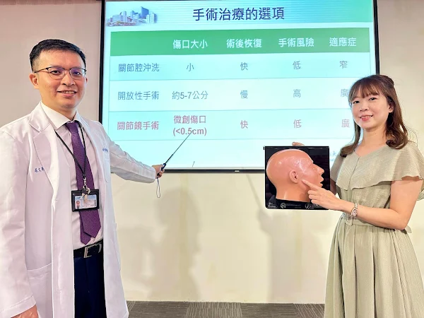 ▲羅文甫醫師(左)表示，「顳顎關節鏡手術」屬於低侵入性的微創手術，傷口小於0.5公分，可直接觀察關節內部，相較於關節腔沖洗及開放性手術而言，恢復更快、風險更低，可應用與治療更廣的範疇，對於醫師診斷和治療上成為一大利器。（中醫大附醫提供）