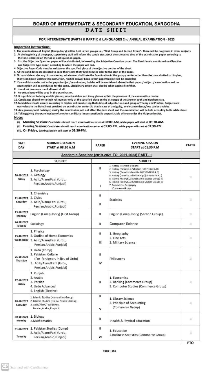 BISE Sargodha Inter Date Sheet 2023 2nd Annual