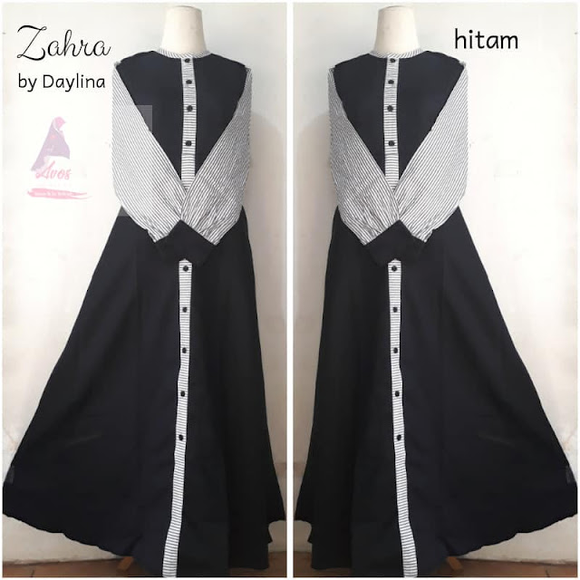 Gamis zahra daylina warna biru hitam kancing depan