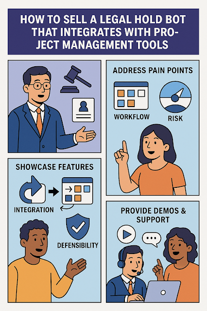 A four-panel comic titled “How to Sell a Legal Hold Bot That Integrates with Project Management Tools” explains the sales approach. Panel 1: A professional in a suit gestures confidently with legal icons behind him. Panel 2: A woman points upward beside icons for "Workflow" and "Risk" under the heading “Address Pain Points.” Panel 3: A man presents integration and defensibility icons under the heading “Showcase Features.” Panel 4: A support agent with a headset assists a client on a laptop, under “Provide Demos & Support.”