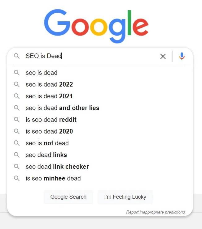 SEO is Dead Google Search Page