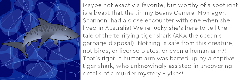 Maybe not exactly a favorite, but worthy of a spotlight is a beast that the Jimmy Beans General Momager, Shannon, had a close encounter with one when she lived in Australia! We’re lucky she’s here to tell the tale of the terrifying tiger shark (AKA the ocean’s garbage disposal)! Nothing is safe from this creature, not birds, or license plates, or even a human arm?! That’s right; a human arm was barfed up by a captive tiger shark, who unknowingly assisted in uncovering details of a murder mystery – yikes!