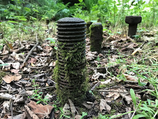 A view of some big bolts at the gun emplacement.  They are sticking out of the ground and have moss growing on them.  Photograph taken by Kevin Nosferatu for the Skulferatu Project.