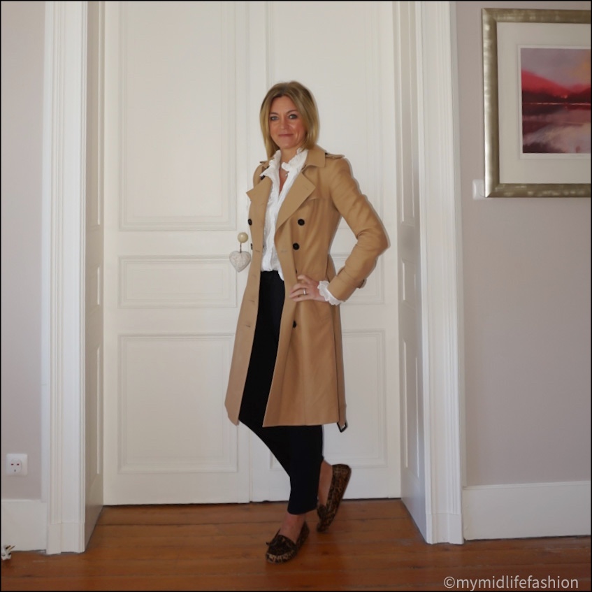 my midlife fashion, Burberry trench coat, Isabel Marant  Etoile frill detail blouse, baukjen the cigarette pant, Isabel Marant Etoile leopard print loafers